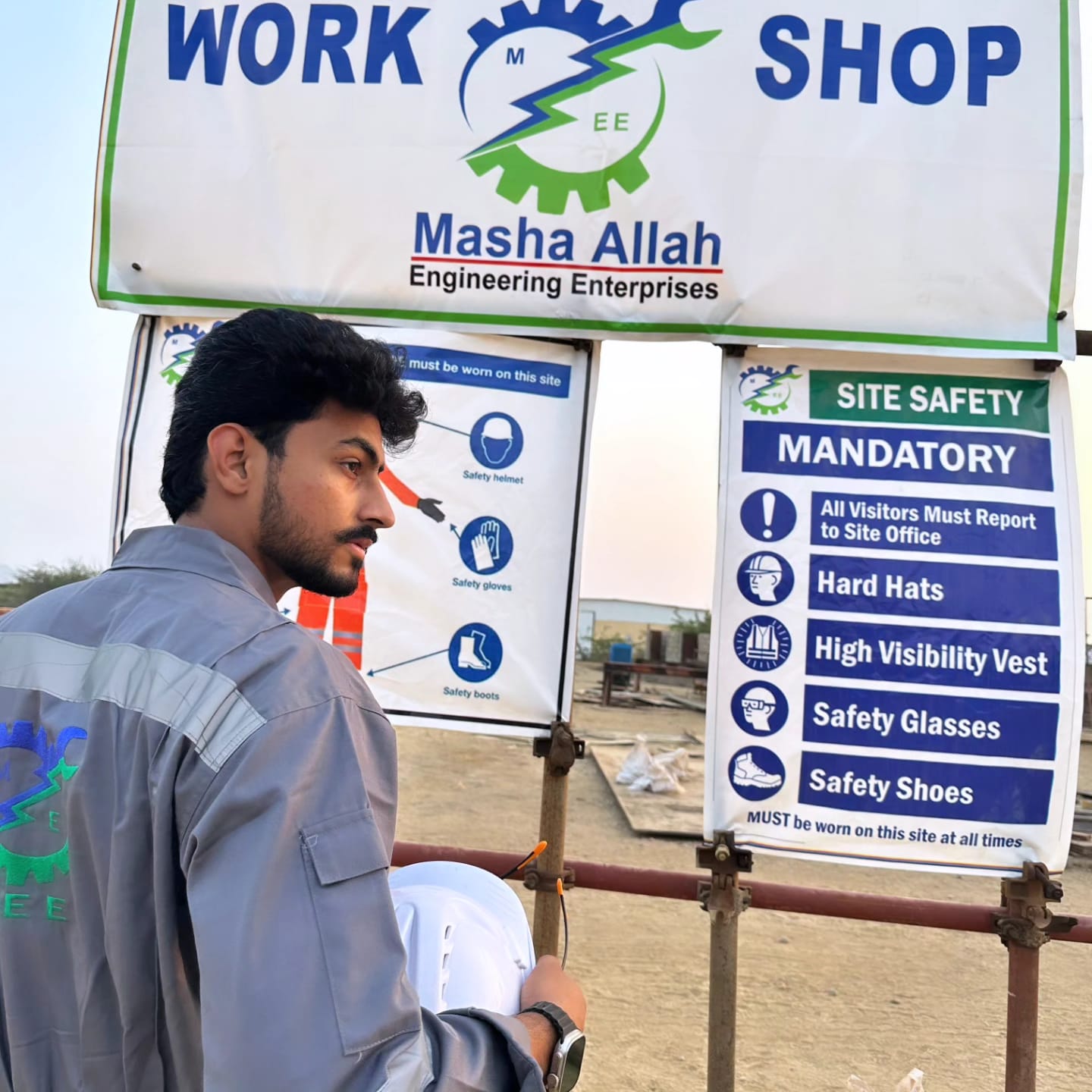 Mandatory site safety signage board at the MEEC workshop entrance