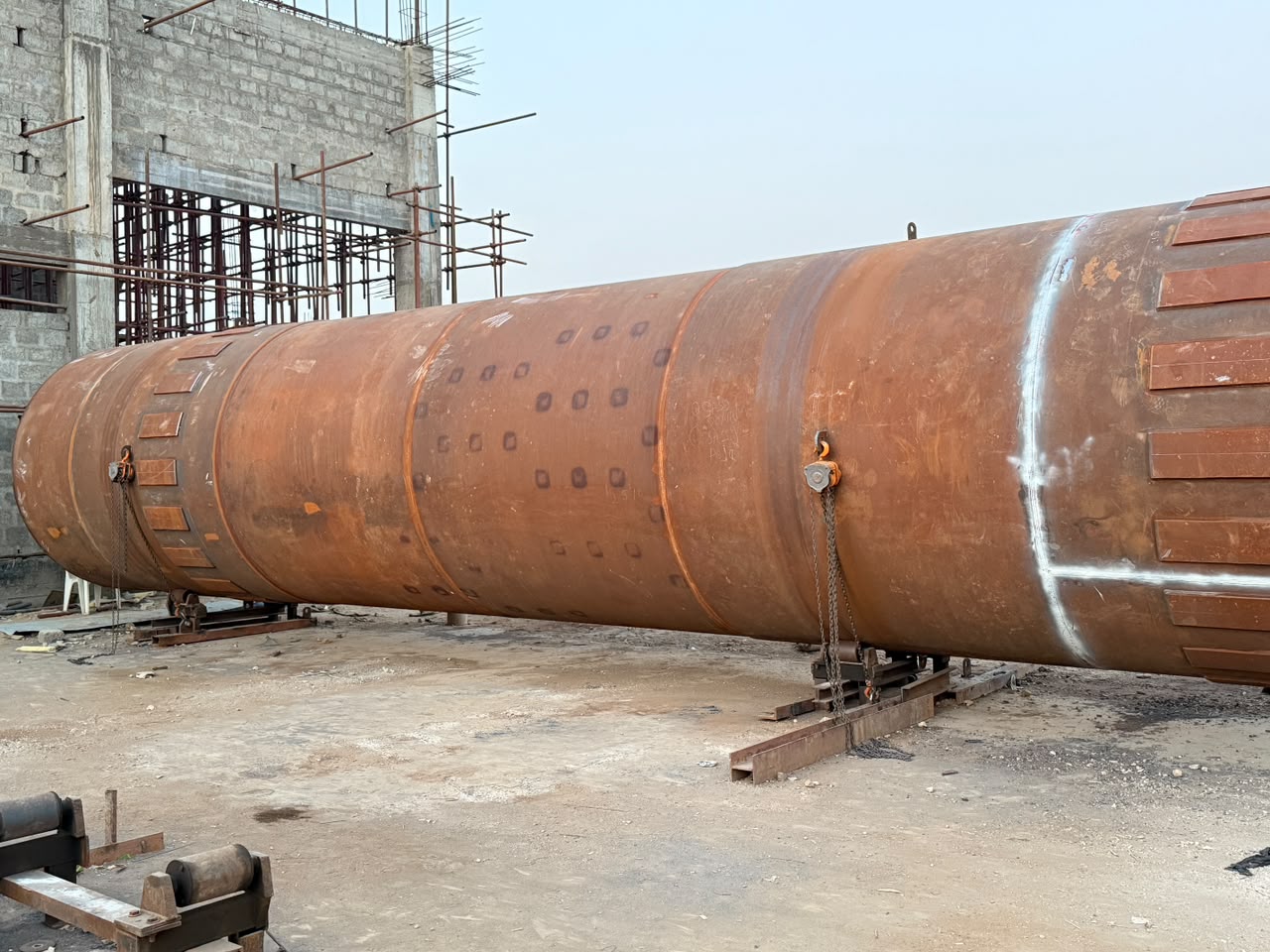 Vessel shell under fabrication on site supports