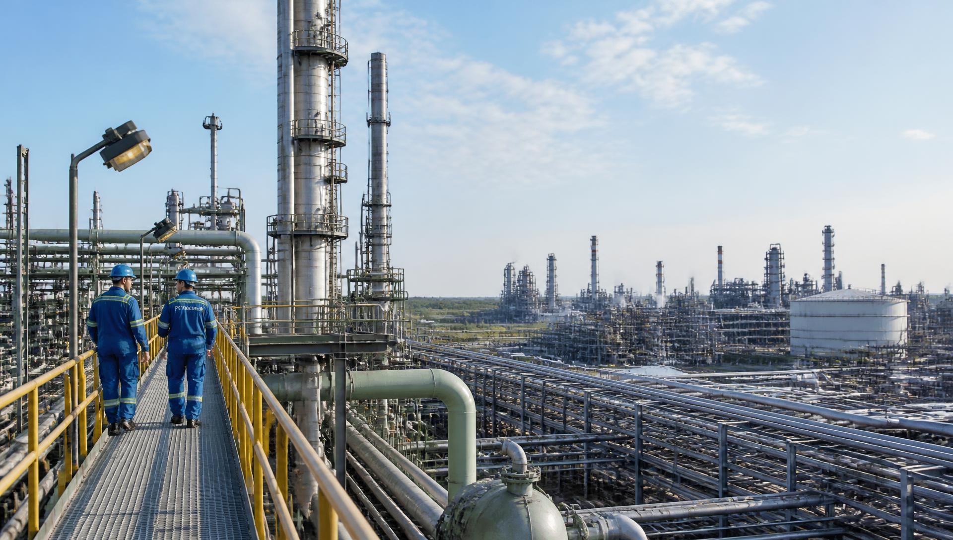 Industrial refinery plant with piping racks and engineering crew